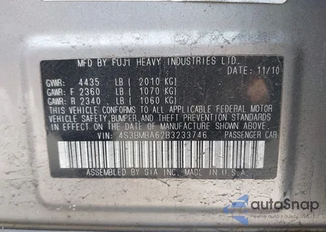 2011 Subaru Legacy 2.5I из США, поврежденный, VIN 4S3BMBA62B3233746